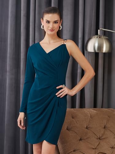Miss Chase Womens Asymmetric Shawl Collar Asymmetric Bodycon Above-Knee Dress (MCAW25D86-12-83-04, Teal, M)