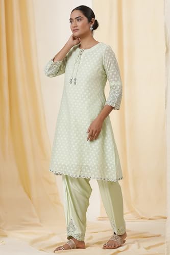 W for Woman Folksong Green Festive Embroidered Cotton A-Line Kurta, Salwar Pant & Dupatta_24MAFS11749-930315_2XL