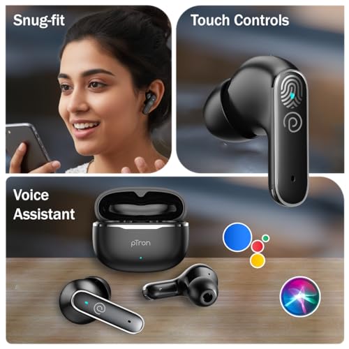 pTron Bassbuds Eon in-Ear TWS Earbuds w/ 13mm Drivers, 45Hrs Playtime, Dual HD Mic & TruTalk AI-ENC Calls, Custom EQ,Mobile App, Bluetooth v6.0 Headphones,Voice Assist., Type C Charging & IPX5 (Black)
