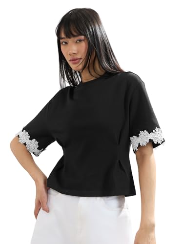 The Souled Store Street Solids: Shadow Women and Girls Short Sleeves Round Neck Black Embroidered Cotton Oversized Breathable Side Slit Streetwear Lightweight Oversized T-Shirt