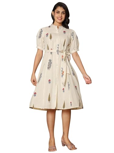 INDO ERA Women's A-Line Cotton Printed Floral Dress (White_IEOUT10068_Medium)