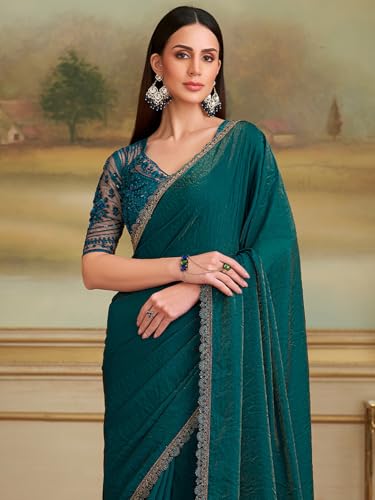 AKHILAM Women's Teal green Georgette Embellished Saree With Unstitched Blouse Piece (SALSA8102_TFH)