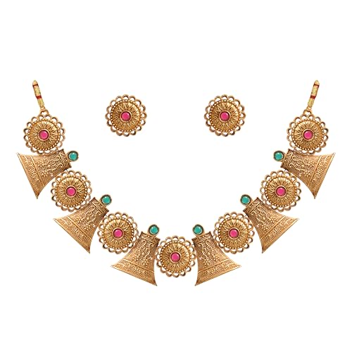 CUTE GOLD Antique Oxidised Plating Necklace With Earring For Women and Girls | Antique Temple Necklace Set for Women & Girls (AN-337)