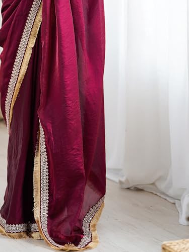 AKHILAM Women's Wine Satin Embellished Saree With Unstitched Blouse Piece (AARYAN20602_KR)