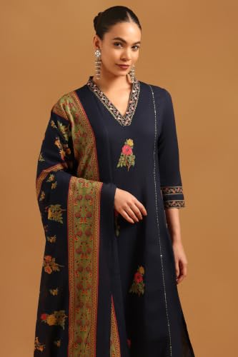 Soch Womens Navy Blue Cotton Floral Embroidered Salwar Suit