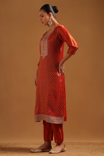 Soch Womens Rust Tissue Woven Design Kurta Set With Thread Work
