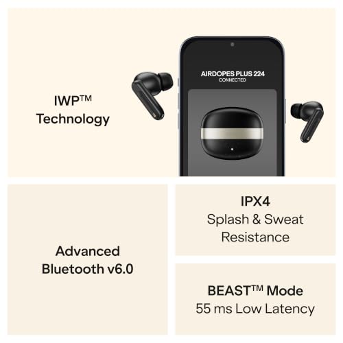 boAt Airdopes Plus 224, Powerful Spatial Audio, 60H Playback, Quad Mics AI-ENx™, 13 mm Drivers, Hearables App, Multipoint Connectivity, Google Fast Pair, Bluetooth v6.0 TWS Earbuds (Matte Black)