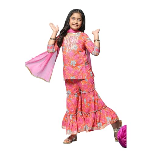 BIBA Girl Cotton Printed Relaxed Kid(Kw4783_Orange_5), Straight Kurta Garara Suit Set