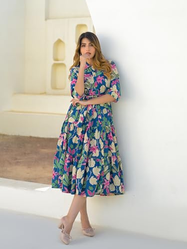 Divena Blue Cotton Shirt Coller Midi Dress