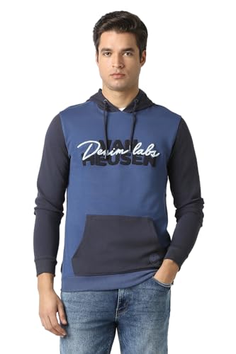 Men Blue Embroidered Hooded Neck Sweatshirt