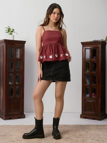 The Souled Store Hello Kitty: Strawberry Embroidery Women and Girls Sleeveless Square Neck Maroon Embroidered Cotton Linen Blend Regular Fit Lightweight All-Season Everyday Peplum Top