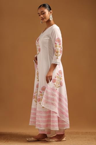 Soch Womens Off White Cotton Floral Print Suit Set With Beads