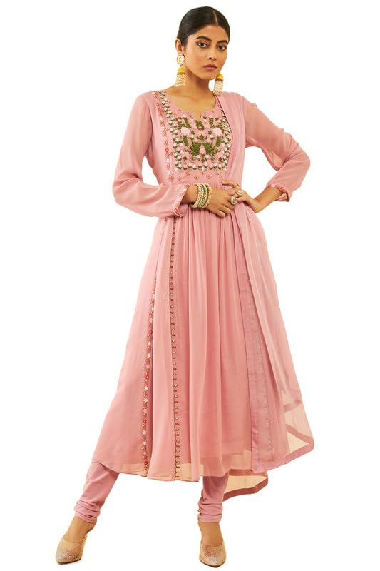Soch Womens Onion Pink Georgette Floral Embroidered Chudidar Suit Set with Beadwork(OWS2CD2110A)