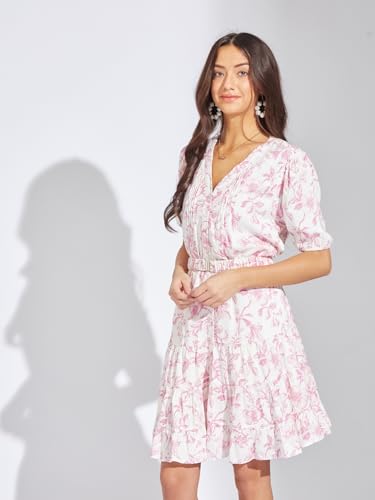 Latin Quarters Women Pink Floral Printed Mini A-Line Dress | V-Neck | Half Sleeves | Button Closure