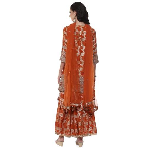 BIBA Women YARNDYED Straight SALWAR KURTA DUPATTA(SKDBANARASI8969_RUST_34)