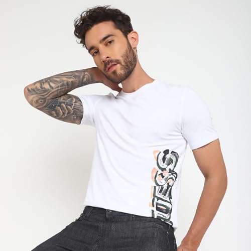 GUESS Men's White Cotton Printed Slim Fit Half Sleeves T-Shirt