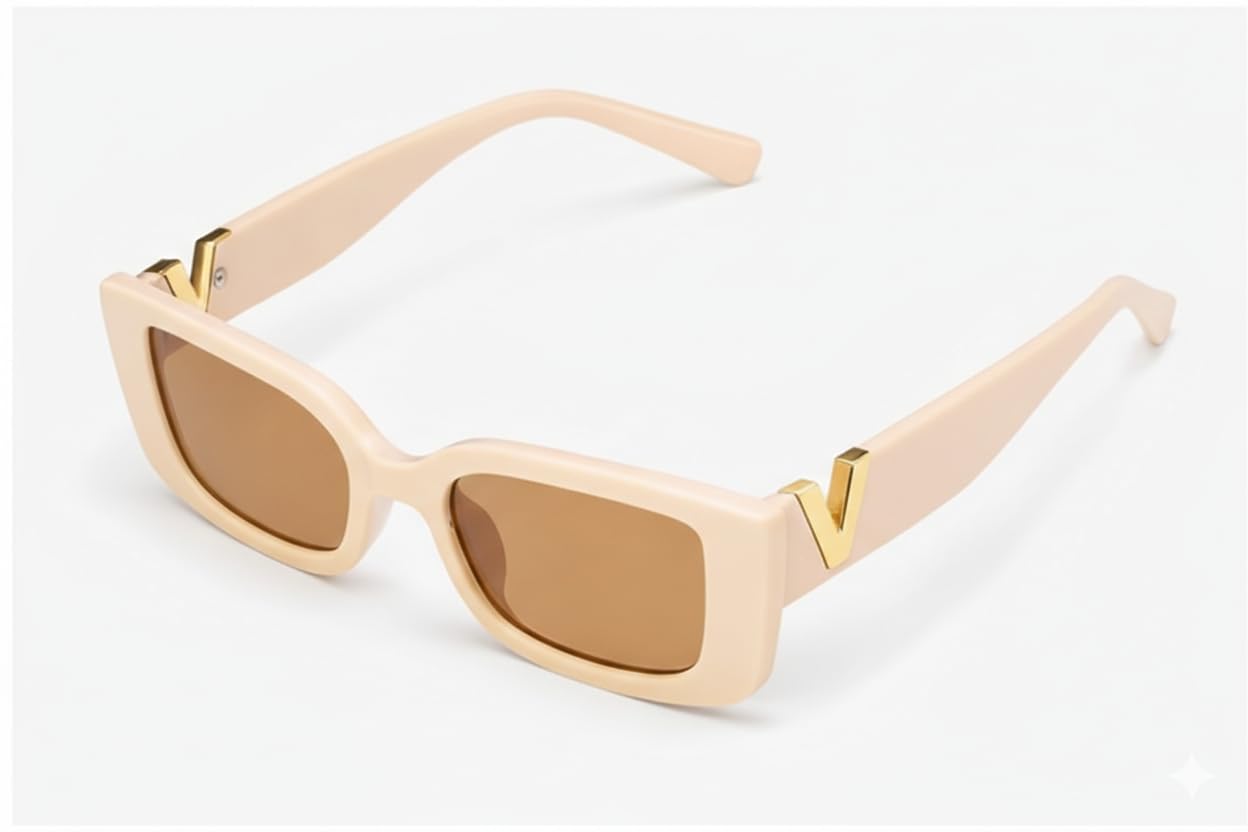 FAVELA Women Cat Eye Sunglasses | Stylish Cateye Square Frame with Gold V Detail | UV400 Protected Fashion Goggles for Girls & Women | Trendy Party, Casual & Daily Use. (Off-White)