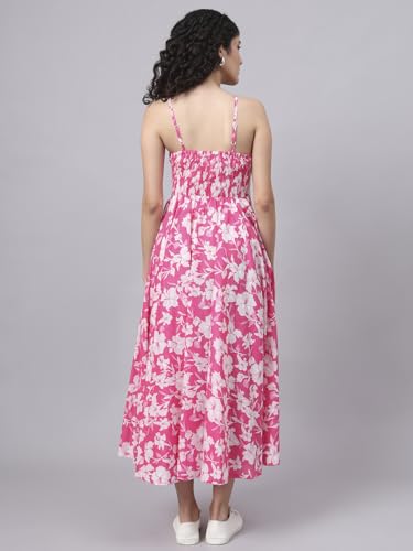 Divena Pink Floral Shoulder Straps Cotton Dress