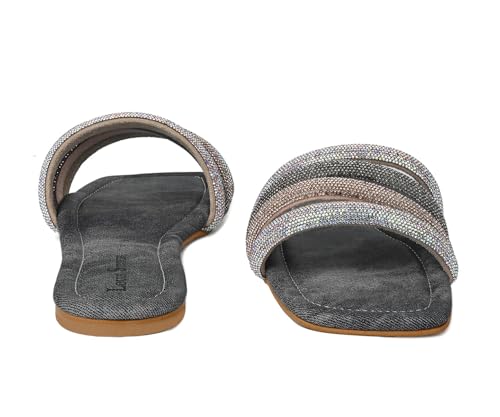 LOUIS STITCH Women’s Fashion Flat Slip-On Sandals | Open Toe Grey Glitter Strap Flat Slipper for Ladies, Comfortable Slipper | LSOF-LDSL-GLFSGY | (UK-5)