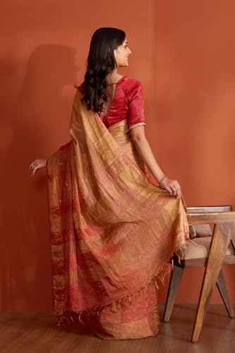 Taneira Women Dark Orange Pure Silk Tissue Embroidered Saree with Unstitched Blouse Piece (SHH08H00120-Dark Orange)