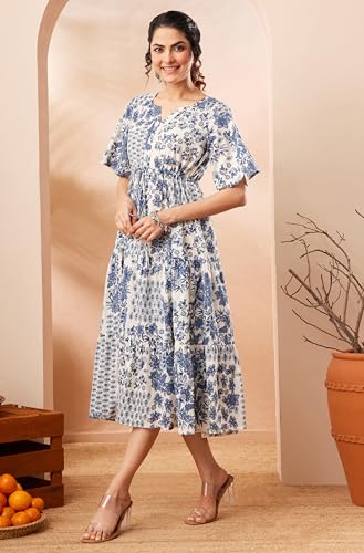Janasya Women's Blue Pure Cotton Floral Printed Fit & Flare Dress (JAA26DR03620-JA-2XL)