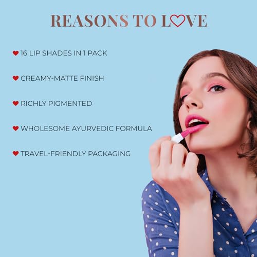 Just Herbs Ayurvedic Creamy Matte Micro Mini Lipstick Kit Lip Hydrating & Moisturizing, Lipsticks for Women Suitable All Indian Tones (Pack of 16)