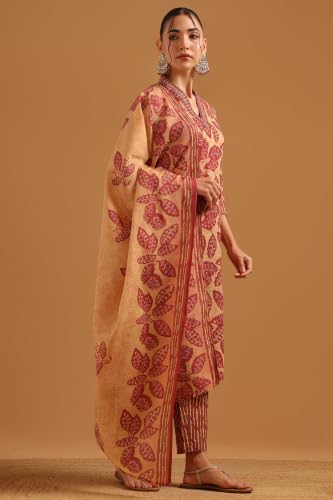 Soch Womens Peach Cotton Digital Print Botanical Block Print Salwar Suit