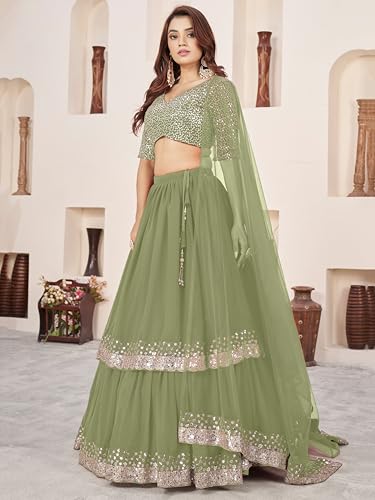 Zeel Clothing Women's Sequins Embroidered Georgette New Lehenga Choli with Dupatta (5066-Olive-Womens-Lehenga-Choli-Latest; Free Size) (Olive)
