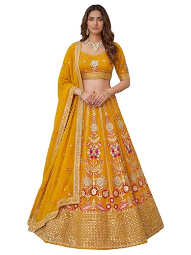 Zeel Clothing Women's Sequins Thread Embroidered Georgette Lehenga Choli With Dupatta (6008-Yellow-Women-New-Lehenga-Choli; Free Size) (Yellow)