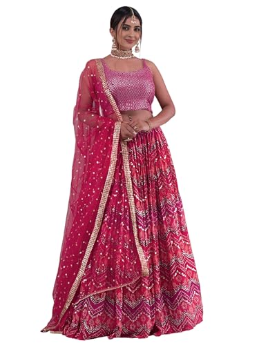 Zeel Clothing Women's Digital Print with Thread, Sequins Embroidered Work Georgette Lehenga Choli With Dupatta (5092-Pink-Women-Lehenga-Choli-Latest; Free size) (Pink)