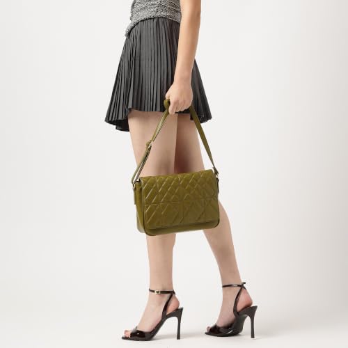 Fastrack Metro Quilt Sling Bag for Women|Olive Faux Leather Crossbody Bag| Quilted Flap Design with Zip & Magnetic Closure|Spacious Compartment with Organiser Pockets|Adjustable Strap|External Pocket