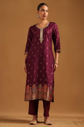 Soch Womens Wine Russian Silk Zari Woven Salwar Suit With Zardosi