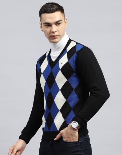 Monte Carlo Mens Black Geometric V Neck Full Sleeve Pullover (1236030VN-1-42)