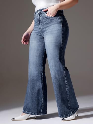 Miss Chase A+ Women's Wide Leg High Rise Regular Length Stretchable Denim Jeans (APSS25DEN78-10-354-28, Prussian Blue, 28)
