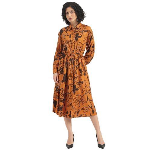 United Colors of Benetton Spread Collar Floral Stylised Long Shirt Dress (Size : XL)-25A4WVNDR202I902 Brown
