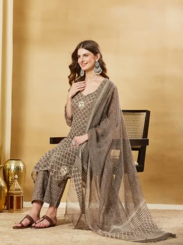 Divena Brown Kota Doria Round Neck Kurta Set with Dupatta