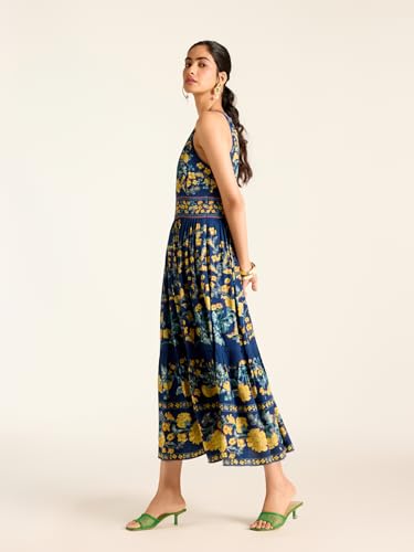 Label RITU KUMAR Navy Florica Sleeveless Printed Long Dress