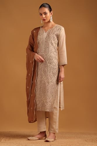 Soch Womens Beige Mul Chanderi Botanical Embroidered Salwar Suit