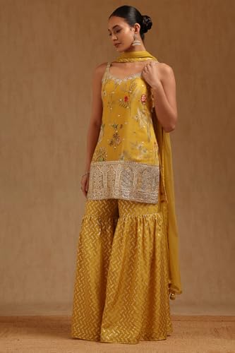 Soch Womens Yellow Chinon Botanical Print Suit Set With Sequins