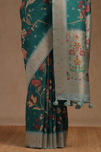 Soch Womens Teal Tussar Floral Print Saree