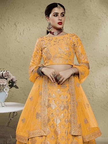 Zeel Clothing Women's Thread Sequins Embroidery Silk Bridal New Lehenga Choli with Dupatta (7055-Yellow-Wedding-Bridal-Stylish-Latest; Free Size)