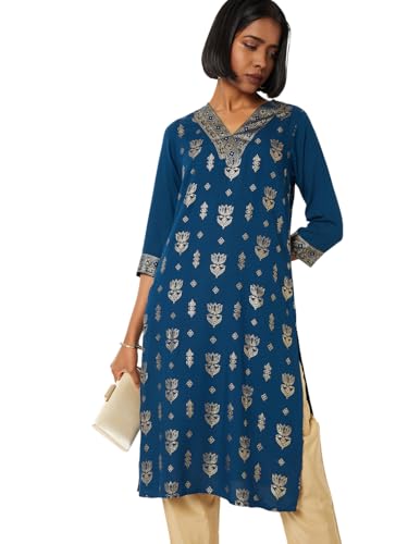 Max Women Foil Print Straight Kurta (Green_M)