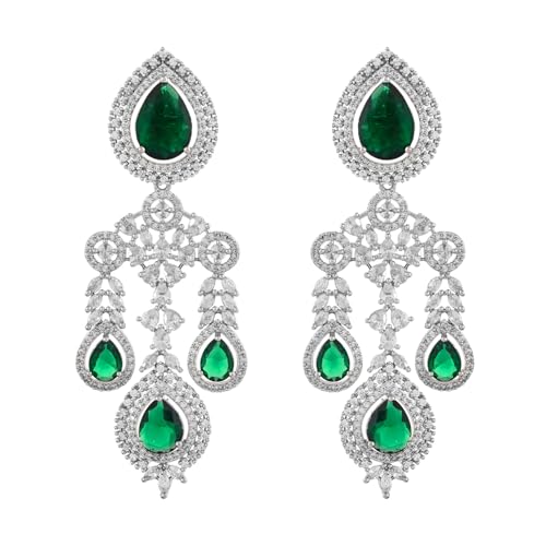 VOYLLA Sparkling Elegance Emerald Green Statement American Diamond Necklace Set|Collar Necklace Set For Women|American Diamond Necklace Set For Women|Gift For Her|Rakhi Gift For Sister|