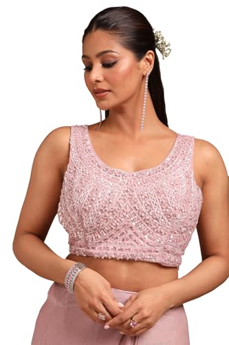 Soch Womens Blush Pink Nylon Blend Solid Ready To Wear Saree With Sequins