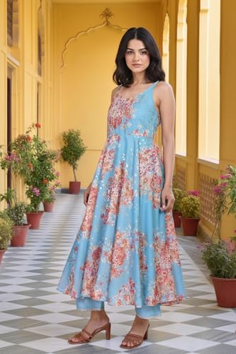 W for Woman Floral Printed Sequined Flared Chanderi Kurta with Pant and Dupatta Set - Turquoise (WS13204-126198-XS)