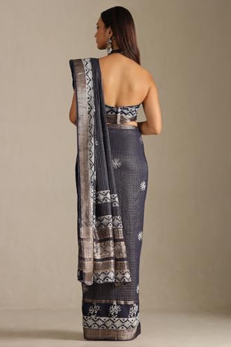 Soch Womens Navy Blue Art Silk Batik Print Saree With Zari