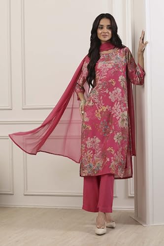 BIBA Women Pink Cotton Blend Straight Suit Set_32
