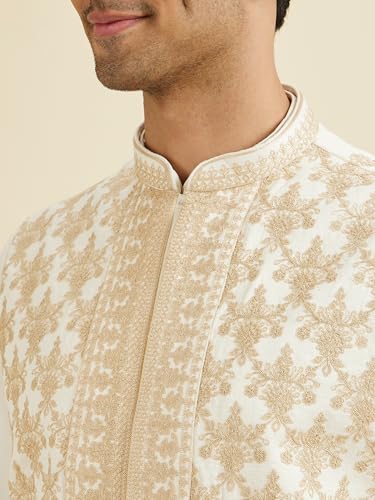 Manyavar Men's Art Silk Gold Thread Embroidered Kurta Jacket Churidar Set(Beige,L)