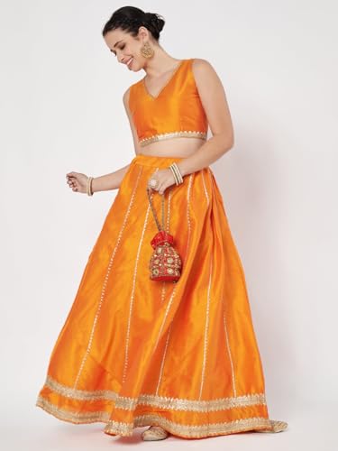 studio rasa Women's Dupion Kalidaar Embellished Bias Skirt for Festive Wedding Party (SKTC62413L_Orange_Large)