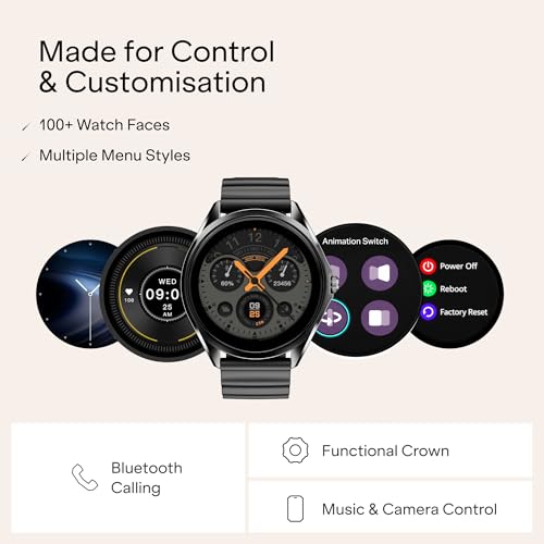 Boat Ultima Aeris 1.43" AMOLED Display, 1000 nits Brightness, Ultra Slim 8mm Metal Build, IP68, Auto HR & SpO2 Monitoring, Sleep & Stress Tracking, Stylish Smartwatch for Men & Women (Active Black)